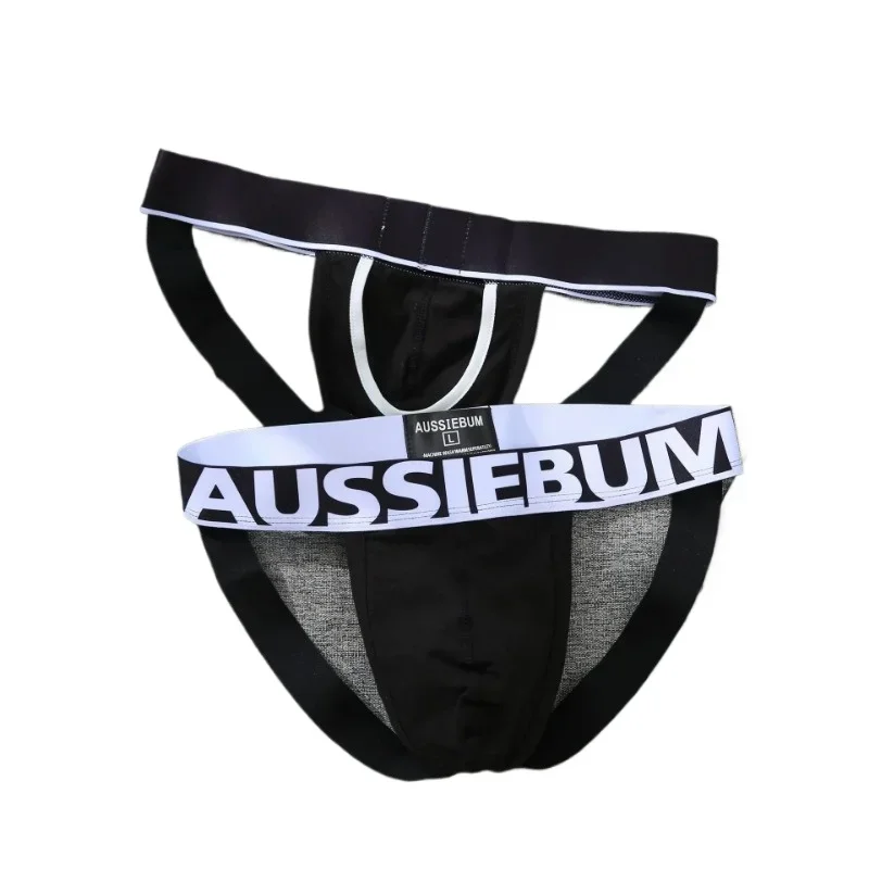 New men\'s low rise double thong pure cotton seamless butt lift U convex sex thong AUSSIEBUM