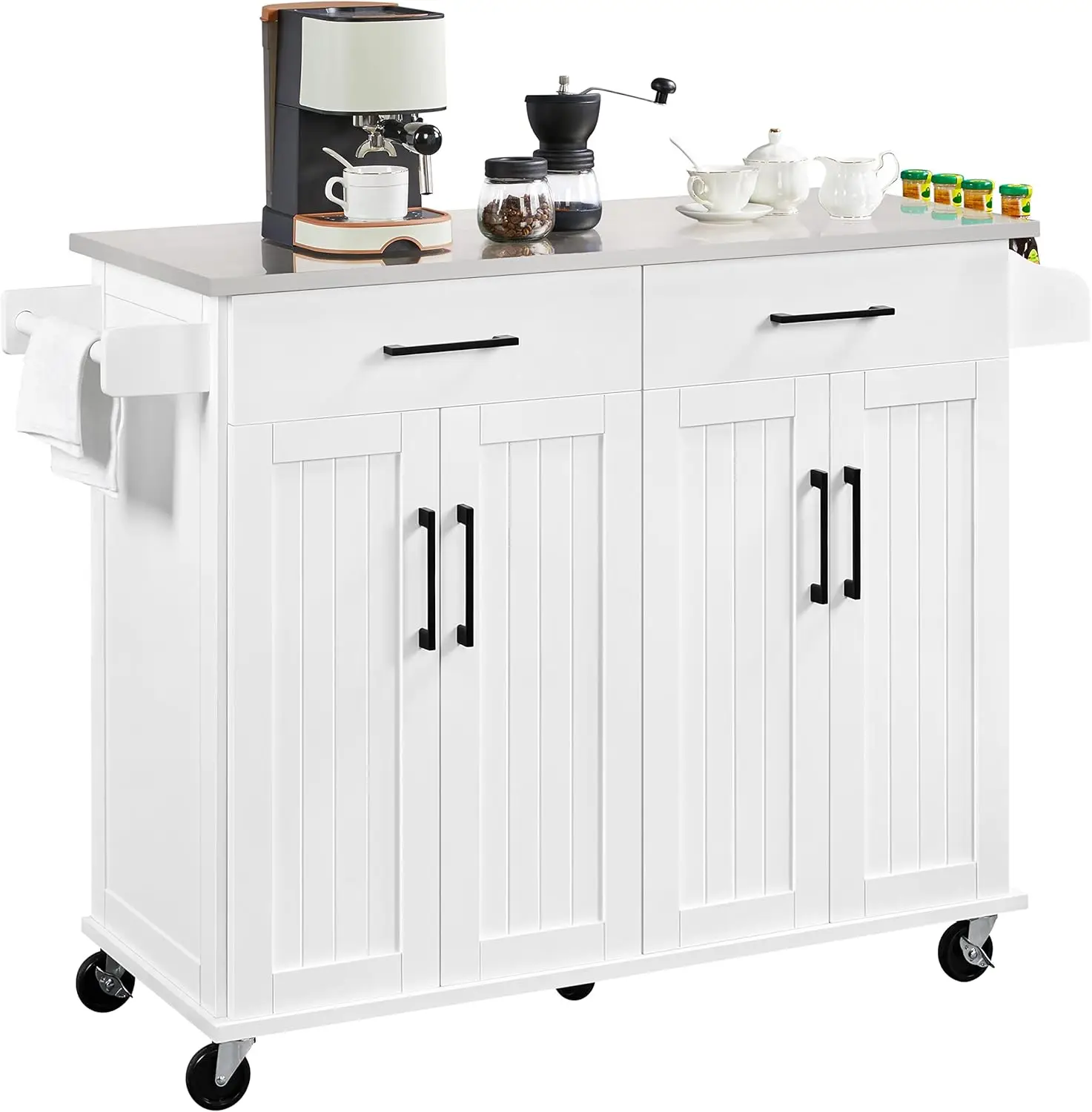 Kitchen Island Cart with Storage & Stainless Steel Countertop, Portable Kitchen Island on Wheels with Cabinet & Adjustable Shelv