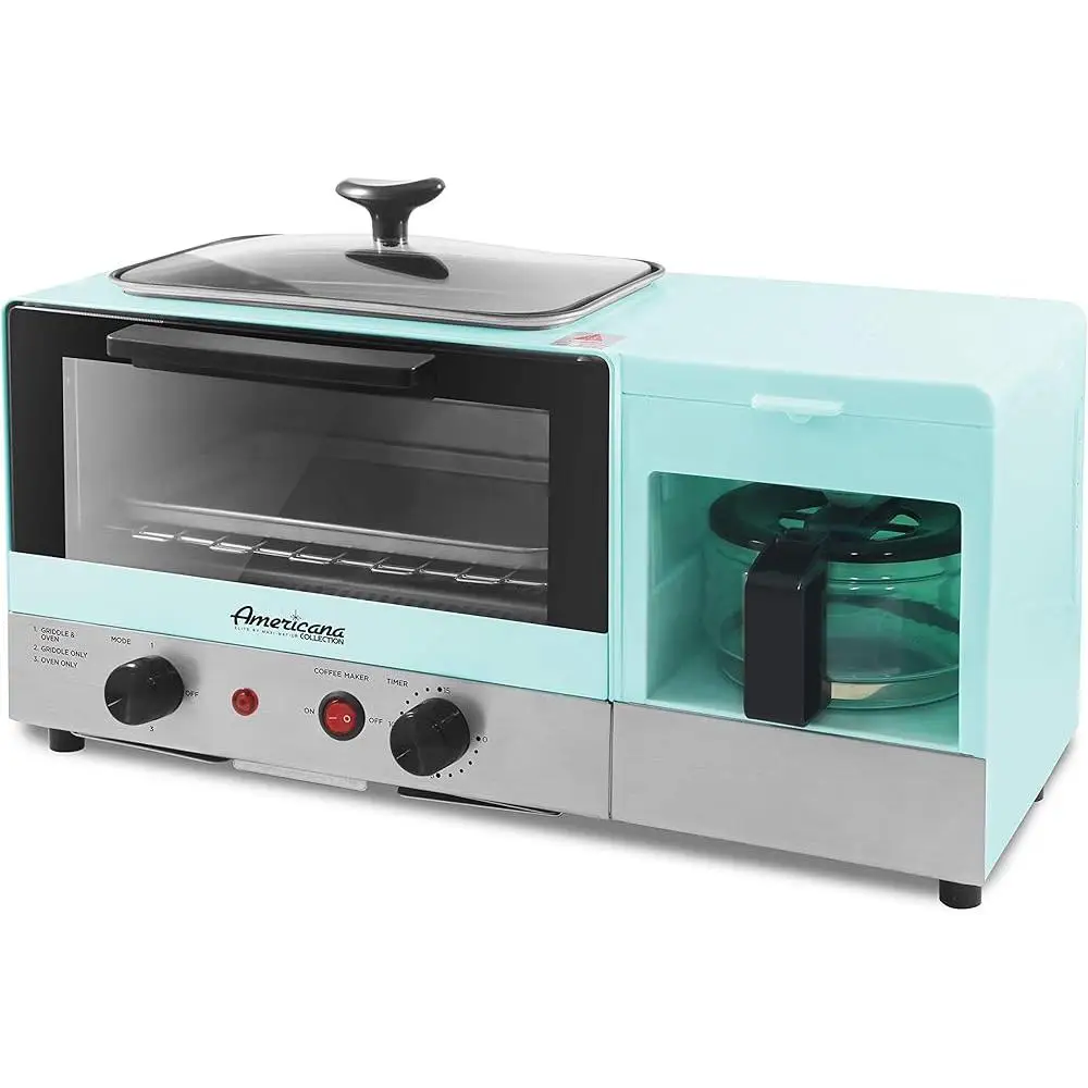 فرن محمصة خبز 3 في 1 مع مؤقت صانع القهوة 4 أكواب، جهاز طهي سهل التنظيف ومتعدد الوظائف