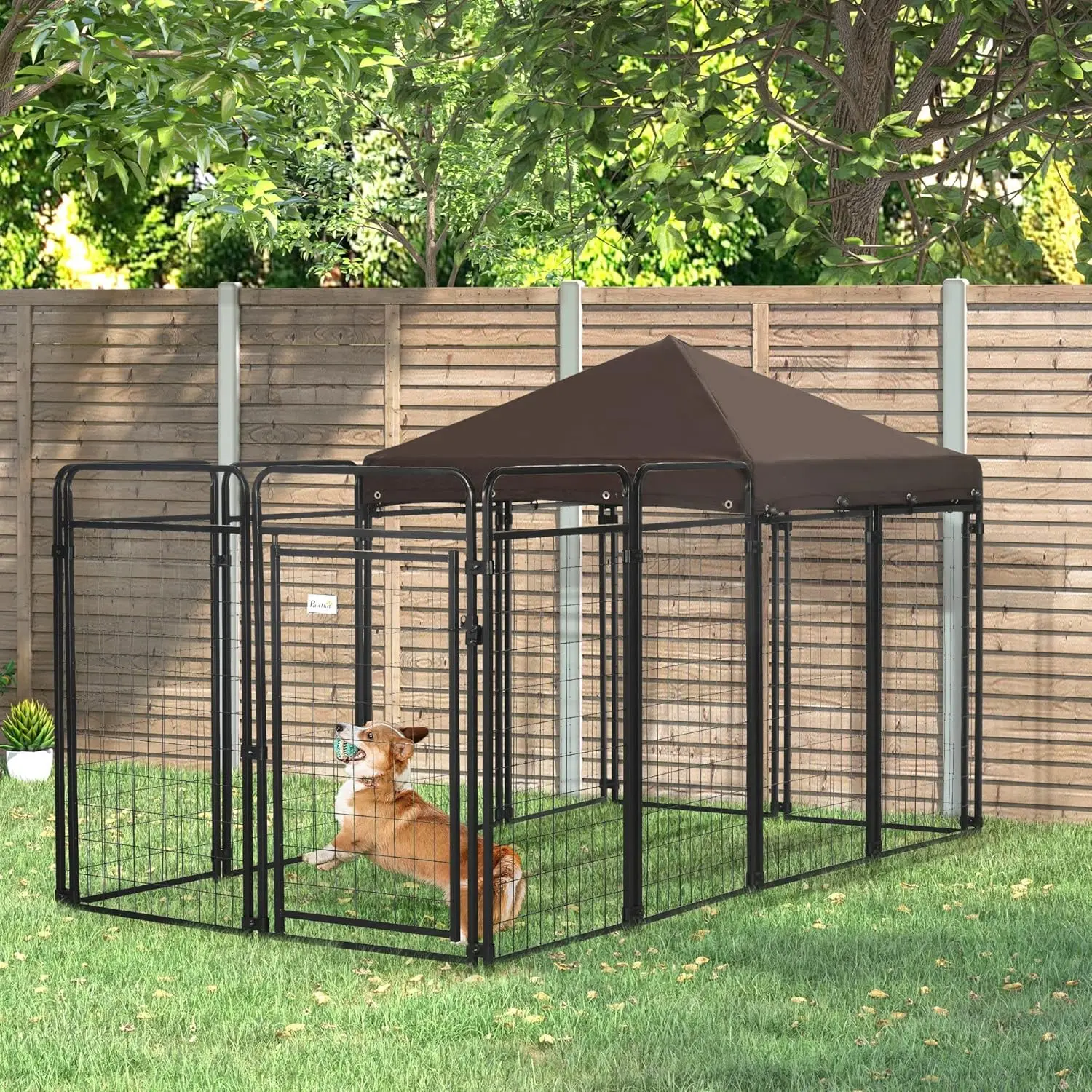 Dog Kennel Outdoor with Waterproof Canopy, Dog Run with Galvanized Chain Link, Secure Lock, for Backyard and Patio, Large