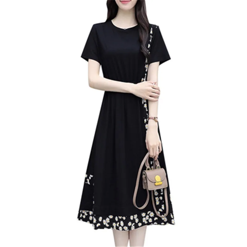 Daisy long t-shirt dress women Europe and South Korea large size loose stitching dress summer A889