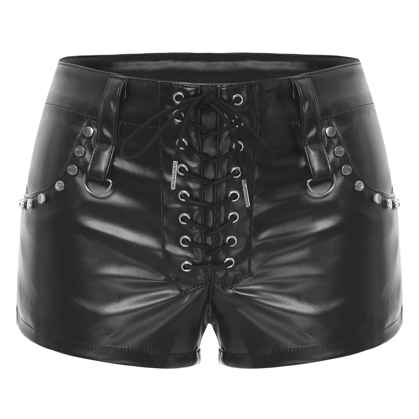 Short sexy en cuir PU pour femmes, taille basse, à lacets, poches, dos-nu, look ajusté, bar, club, tenue de fête