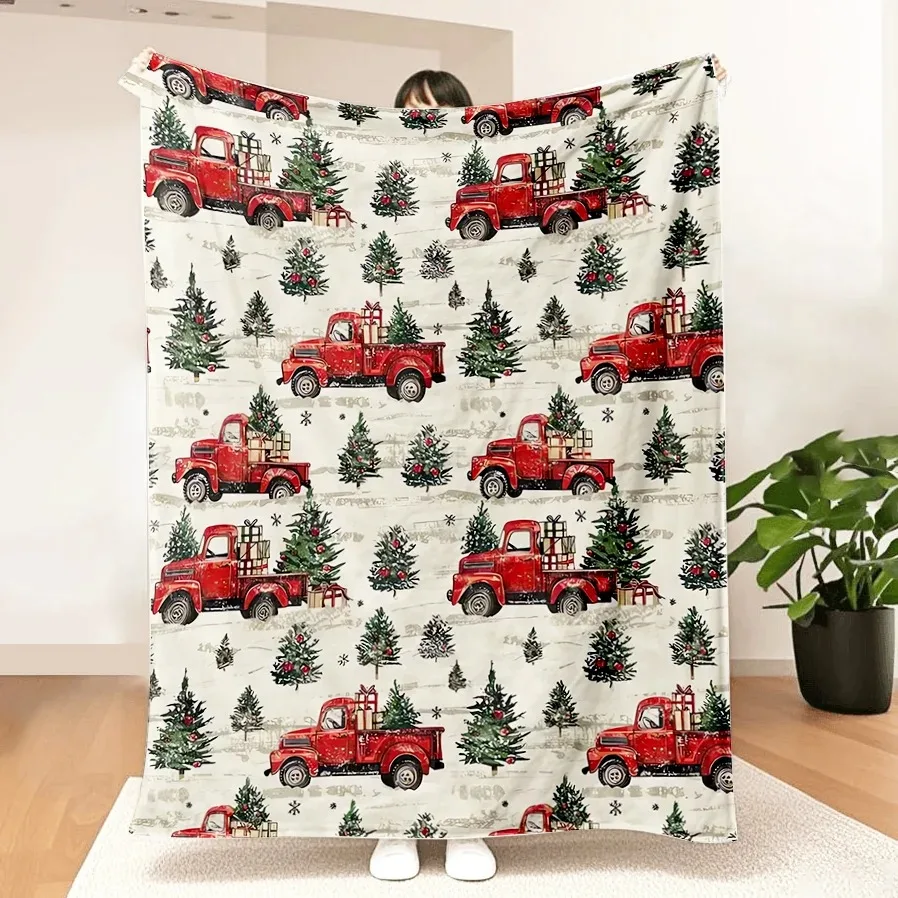

Festive Vintage Red Trucks Christmas Throw Blanket - Classic Trucks & Trees Design, Suitable for Sofa, Bedroom, Christmas Gift