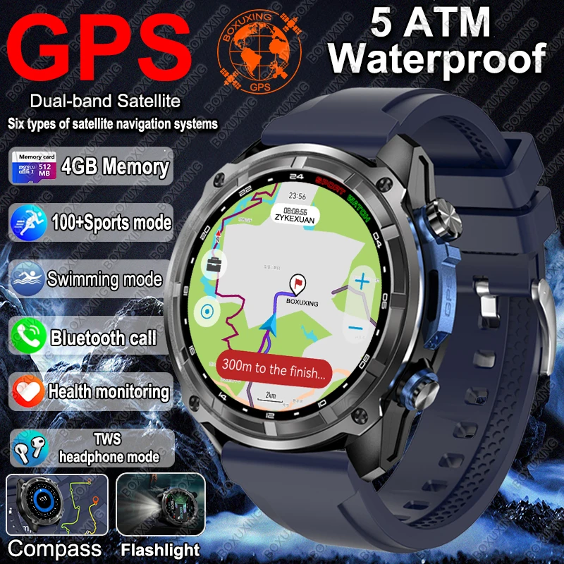 

2025New T-Rex Military Smartwatch Men Built-in GPS Offline Map 5ATM Waterproof 860 mAh 4GB Memory Swimming Heart Rate Smartwatch