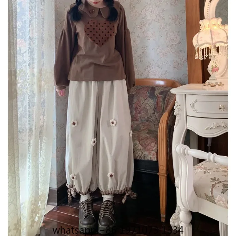Japanese Sweet Flower Corduroy Wide Leg Casual Pants Women Vintage Cute Loose Trousers Girls Harajuku Sweatpants Kawaii Bloomers