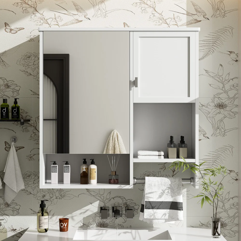 29'' X 28'' Modern Bathroom Wall Mount Storage Cabinet with Mirror, Space Saver Storage Cabinet Above Toilet with Towel Bar