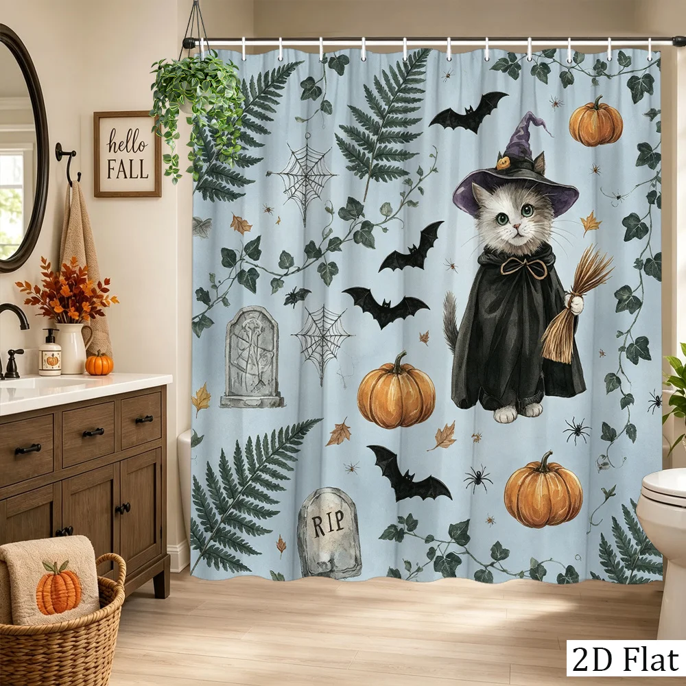 1pc Halloween Watercolor Cat Witch Shower Curtain Cute Wizard Kitten with Broom Spooky Pumpkin Bat Spider Web Ivy Fern Graveston
