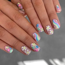 ARTAUG 24PCS Short colourful press on nails cartoon drawing press on nails cute sweety nails for girl women gift