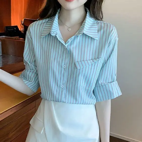 Striped Blouse for Women's Summer New Style Unique Chiffon French Collar Short Sleeved Top