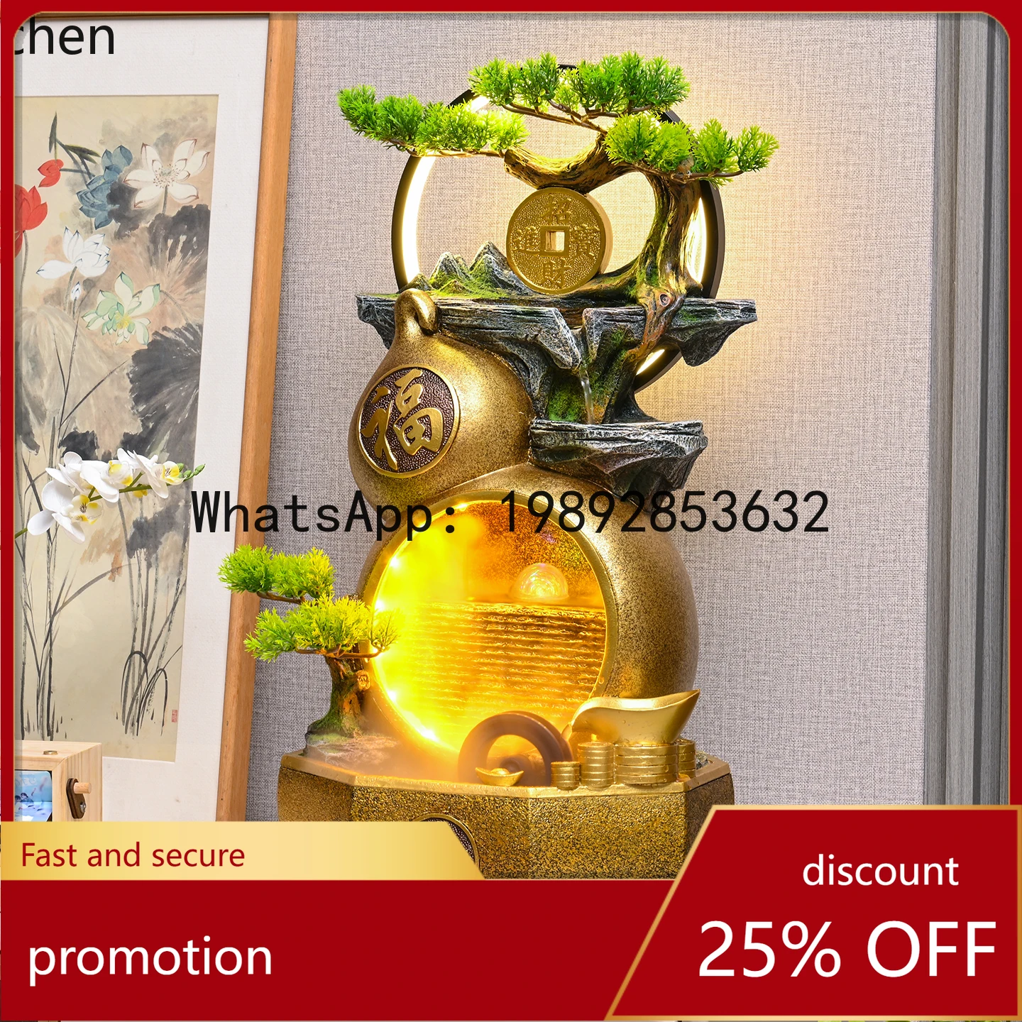 YFY   Wealth Ornament Circulating Water Feature Office Living Room Entrance Feng Shui Wheel Desktop Opening Gift Housewarming