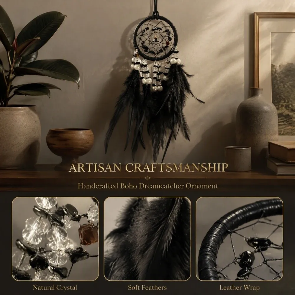 Black Dream Catcher Feather Plastic Bead Car Dream Catcher Crystal Stone Leather Wrapped Iron Ring Dreamcatcher Living Room