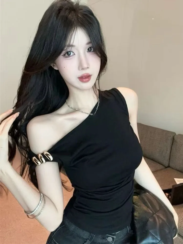 Women's Summer Red Asymmetric One Shoulder Tank Top Y2k Going Out Cami Shirt Sleeveless Crop Vest Streetwear