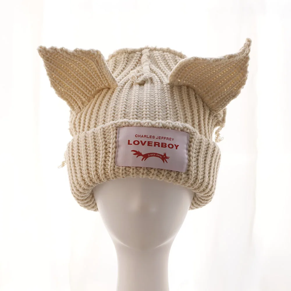 2024 Loverboy Cat Ear Knit Hat solid Warm Pig Ear Woolen Hat Cute Fashion Hooded Cap Niche Design Hip-hop Personality Cold Hat