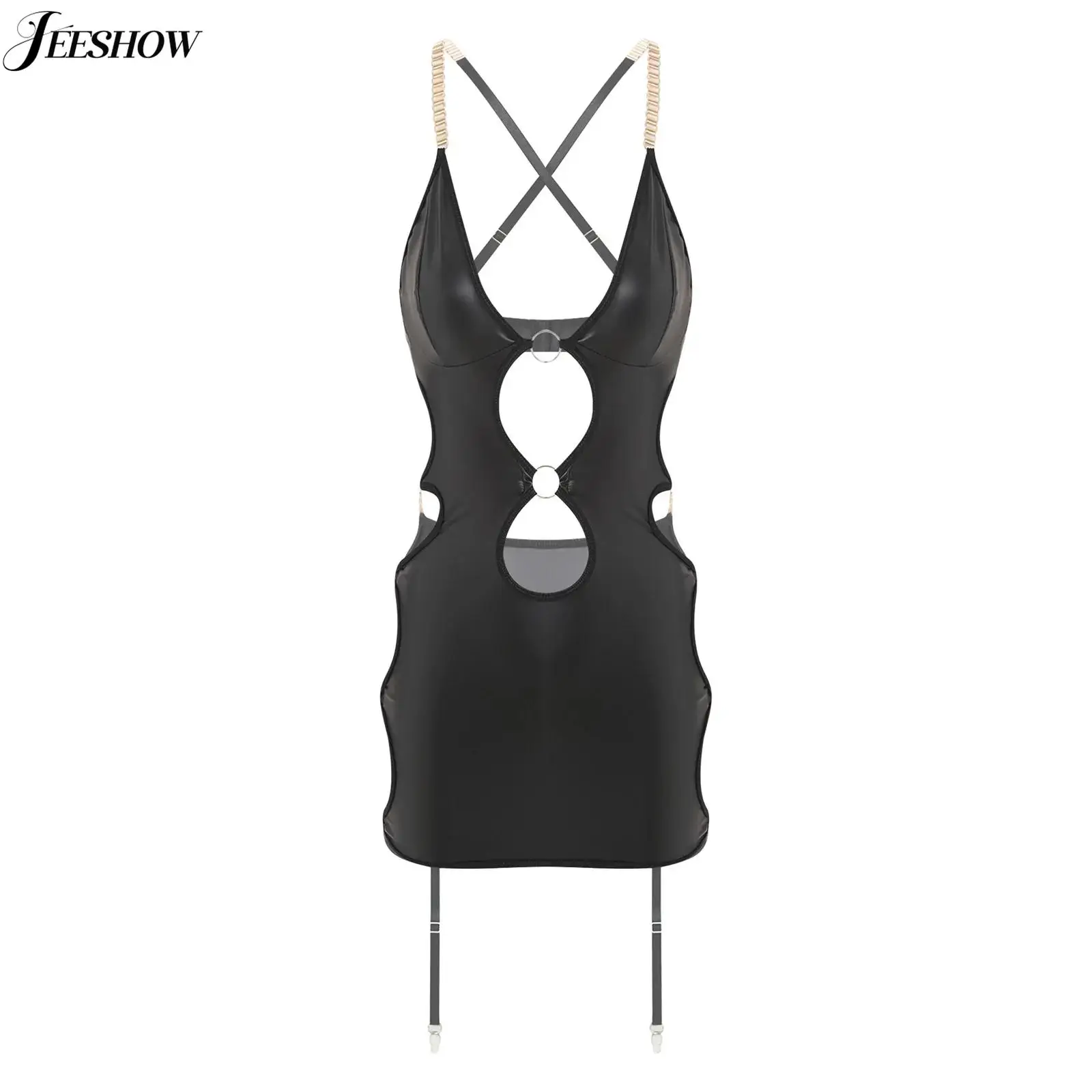 

Womens Faux Leather Hollow Out Mini Dress Sleeveless Backless Bodycon Micro Dress Cheeky Lingerie Dresses Night Club Wear