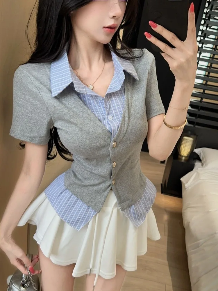 

Korean Style Stripe Color Block Neck Short Sleeve T-Shirt Fake Two-Piece Summer New Women's Fashion Breathable Casual Top