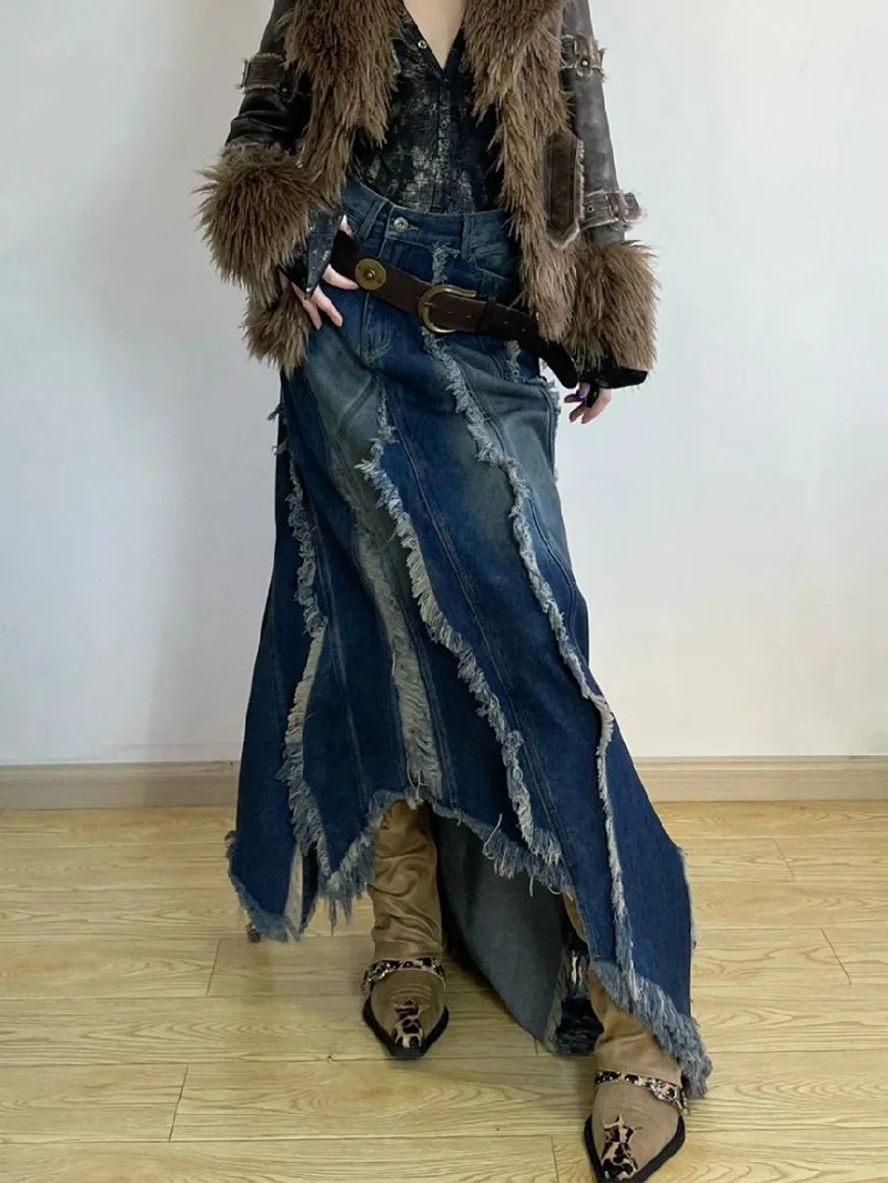 Women Denim Skirt Y2k Emo 2000s Clothes Long Skirt Harajuku Korean 90s Fashion Vintage Gradient A-line Jean Skirt Grunge Clothes