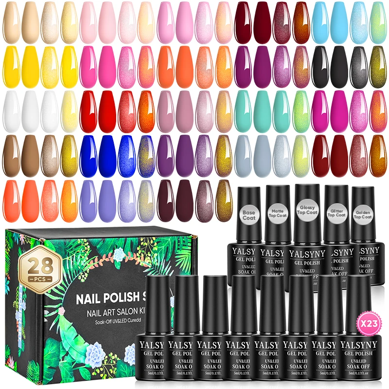 28‑Piece Soak‑Off UV LED Gel Nail Polish Set, With Base,Matte,Glossy,Golden,Glitter Top Coat, DIY Home Salon Manicure for Women