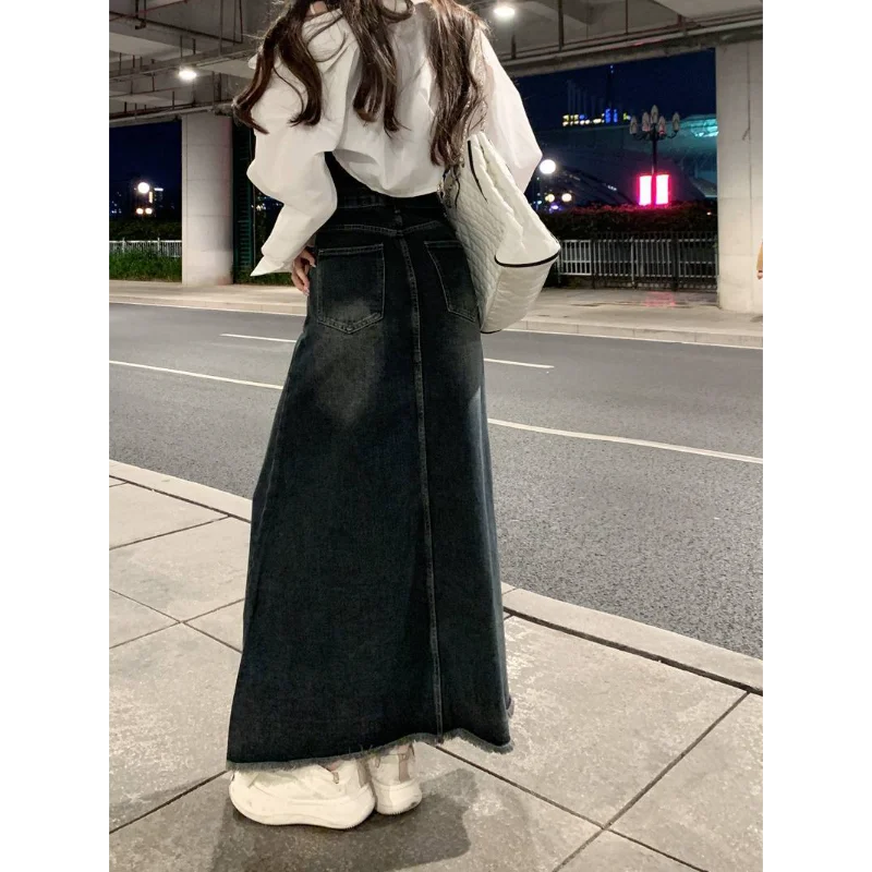 تنورة نسائية عالية الخصر من قماش الدنيم ميدي بتصميم جديد للخريف والشتاء، تنورة طويلة مغسولة بتصميم عتيق #6