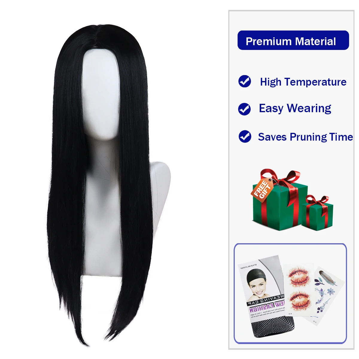 Peluca larga y recta negra para mujer, pelo Natural sintético resistente al calor con parte media para disfraz diario de Halloween, pelucas negras completas