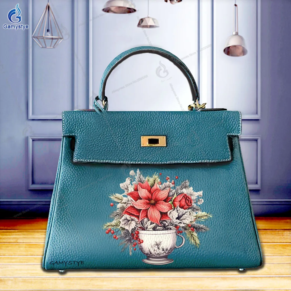 شخصية Bolso الفن حقائب مطبوعة الفني بوعاء النبات طباعة جلد البقر الحقيقي حقائب كتف كيس دي لوكس فام حقائب فاخرة #3