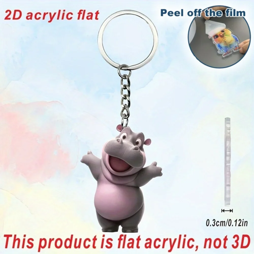 Cute 2D Hippo Keychain Animal Pendant Flat Acrylic Charm for Backpack Bags Festive Gift For Women Lady Friend Student Home Decor