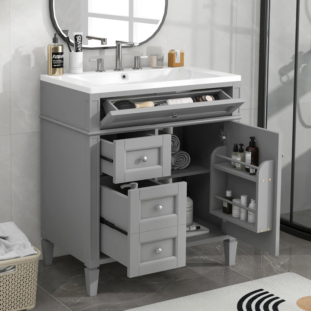 30'' Bathroom Vanity with Top Sink, Modern Bathroom Storage Cabinet with 2 Drawers and a Tip-out Drawer, Single Sink Bathroom