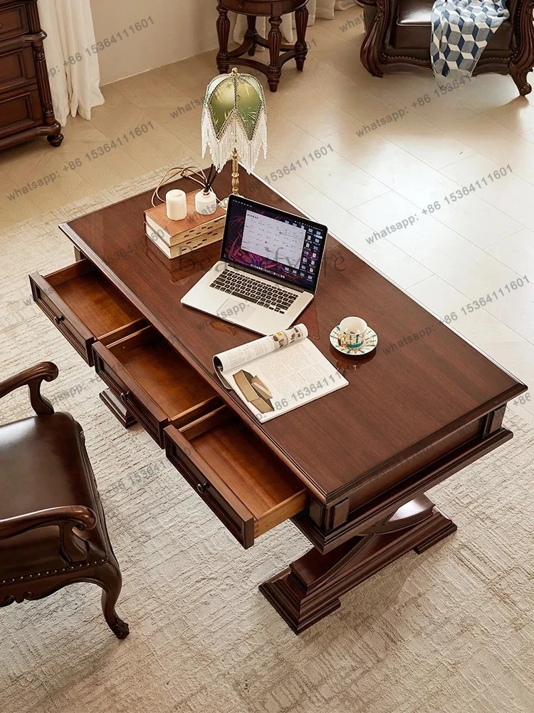 

New American Neoclassical All Solid Wood Desk Gold Silk Teak Premium Workbench Retro Writing Desk