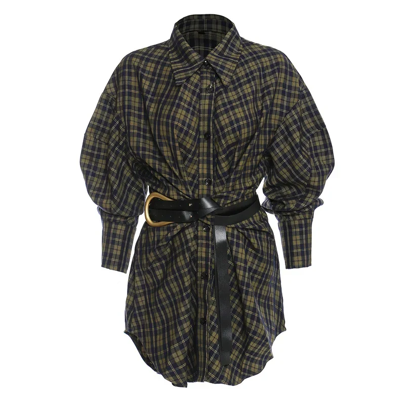 

SuperAen Spring Summer Plaid Shirt Women's New Loose Korean Retro with Belt Long Shirt Vintage Top