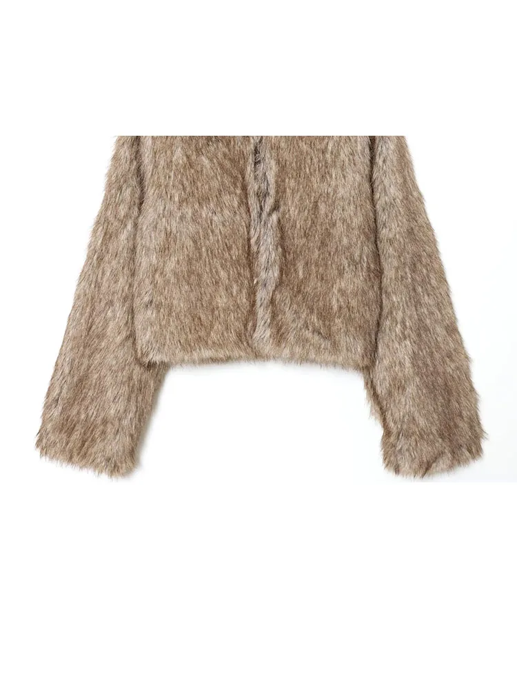 HH امرأة أزياء الشتاء جولة الرقبة طويلة الأكمام المخفية مشبك فو الفراء تأثير سترة قصيرة الإناث الشارع نمط معطف غير رسمي