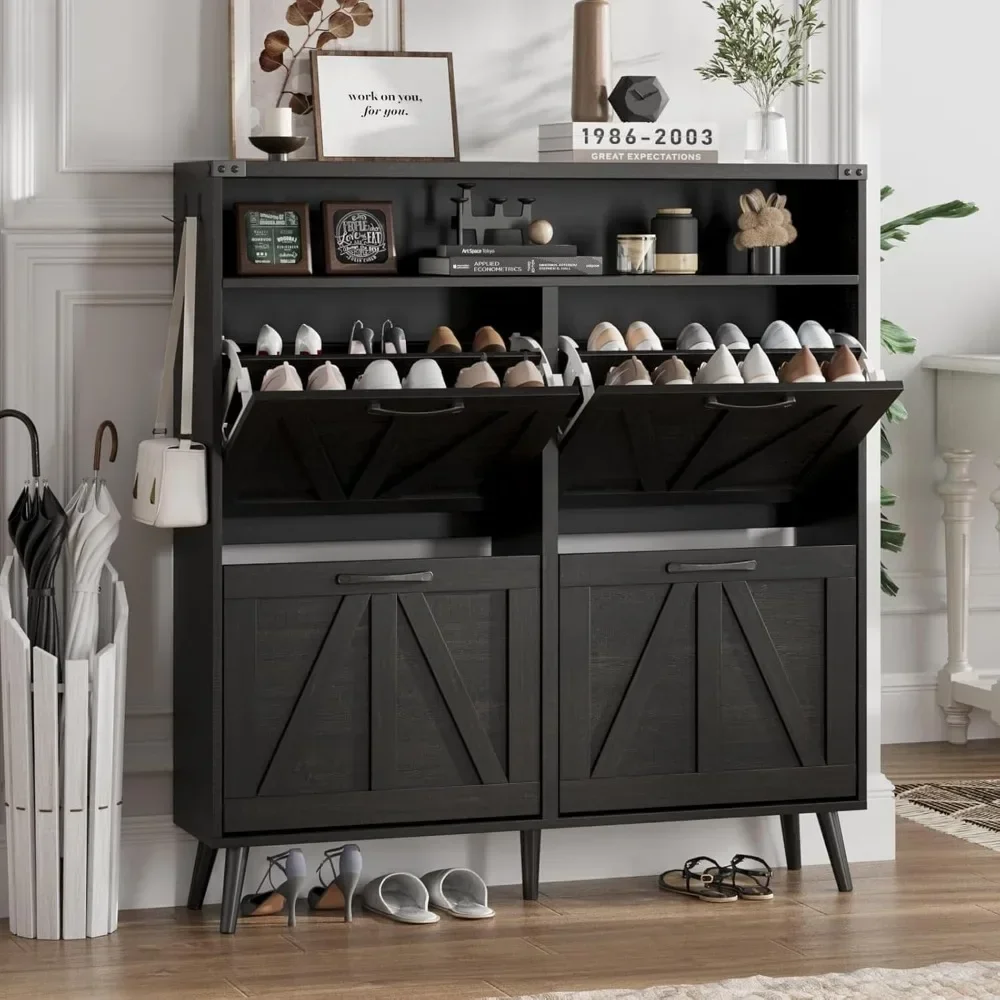 

Shoe Cabinet with Flip Drawers,Farmhouse Shoe Storage Cabinet for Entryway, Narrow Freestanding Rack with Open Shelves for Foyer