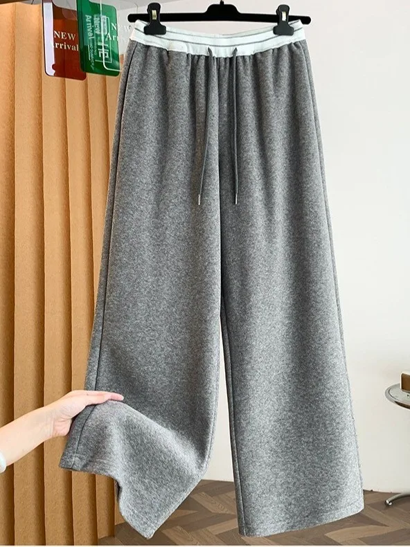 Fashionable Anti-Aging Color Block High Waist Fleece Women's Cotton Sweatpants Loose Comfortable Slimming Straight Casual Lon...