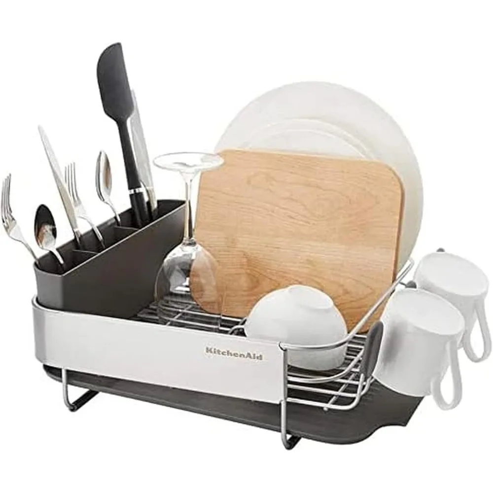 

Compact Dish Rack with Drain Board and Removable Flatware Caddy, Space-Saving Gray Design