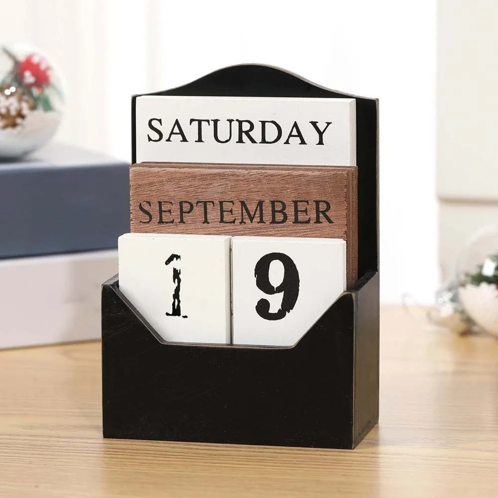 Durable Aesthetic Wooden Perpetual Calendar Reusable Manual Desk Calendar Ornament White Black Date Display Ornament Office