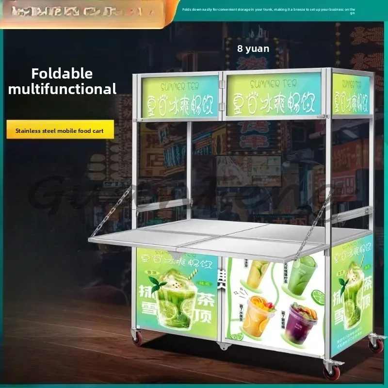 Foldable Stainless Steel Mobile Food Truck, Multi-functional Folding Snack Truck, Portable Rolling, Food Stall Truck