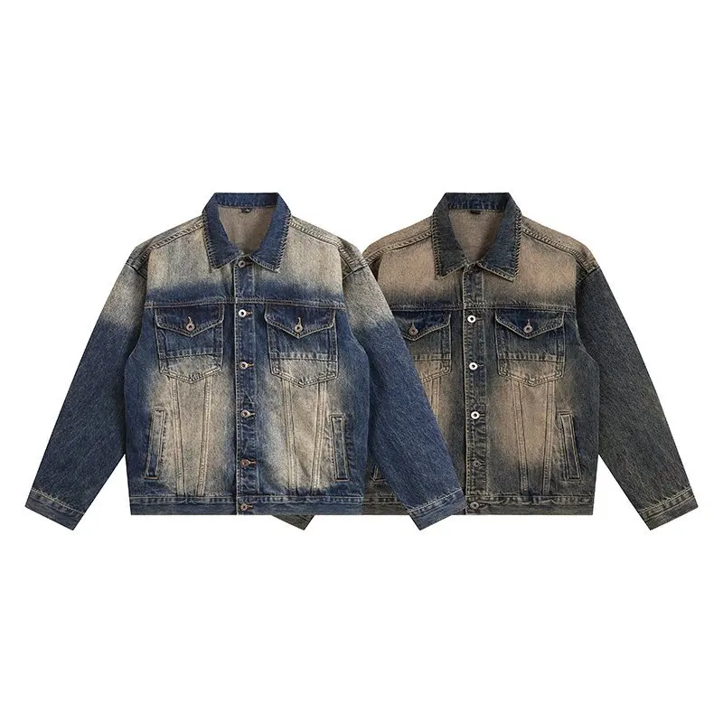 Streetwear Jeansjacke mit Farbverlauf für Herren, Baggy Distressed Faded Denim Jacken, Oversized Casual Outfits, Oberbekleidung im Vintage-Stil – Detail 6