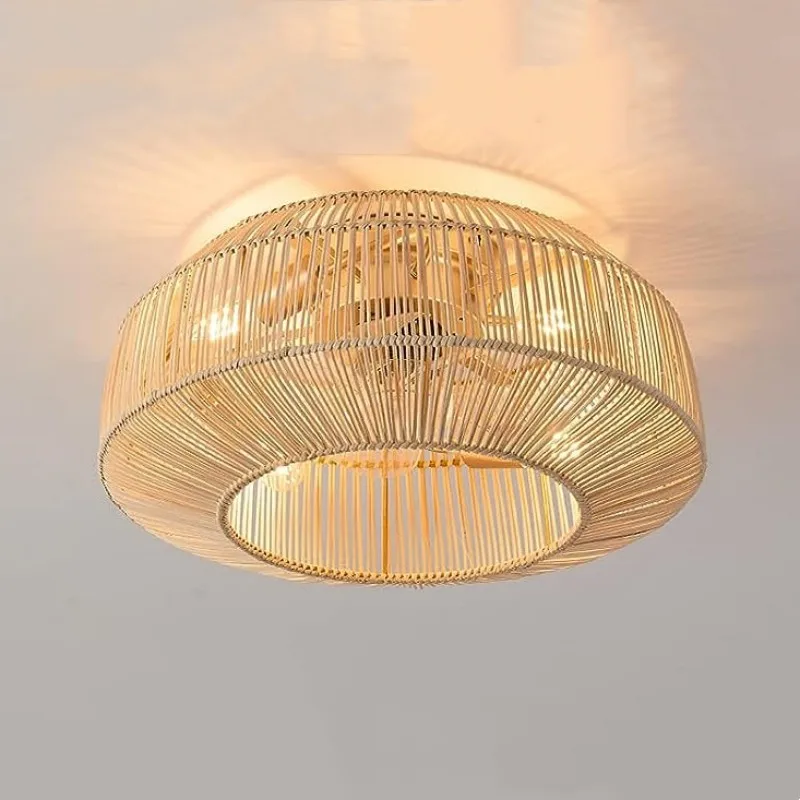 

American 110V Bedroom Ceiling Mounted Industrial Ceiling Fan Lamp Vine Cage Invisible Ceiling Fan Bamboo Weaving Fan Light