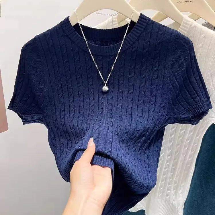 

Новый женский Slim Fit ort Sve Knit irt Thin Summer Twist Casual Versatile ort Top Commute Sle round Ne ort Length