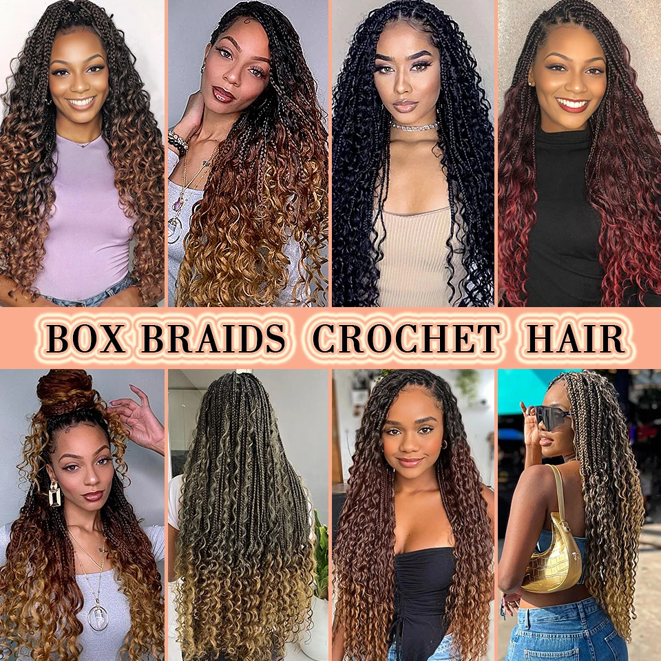 Extensiones de cabello de trenzas en caja (Box Braids) bohème diosa de 24 pulgadas de longitud, con puntas rizadas, hechas de fibra sintética. Colores 1B, 4, 30 y 27. Trencas de crochet ideales para mujeres negras