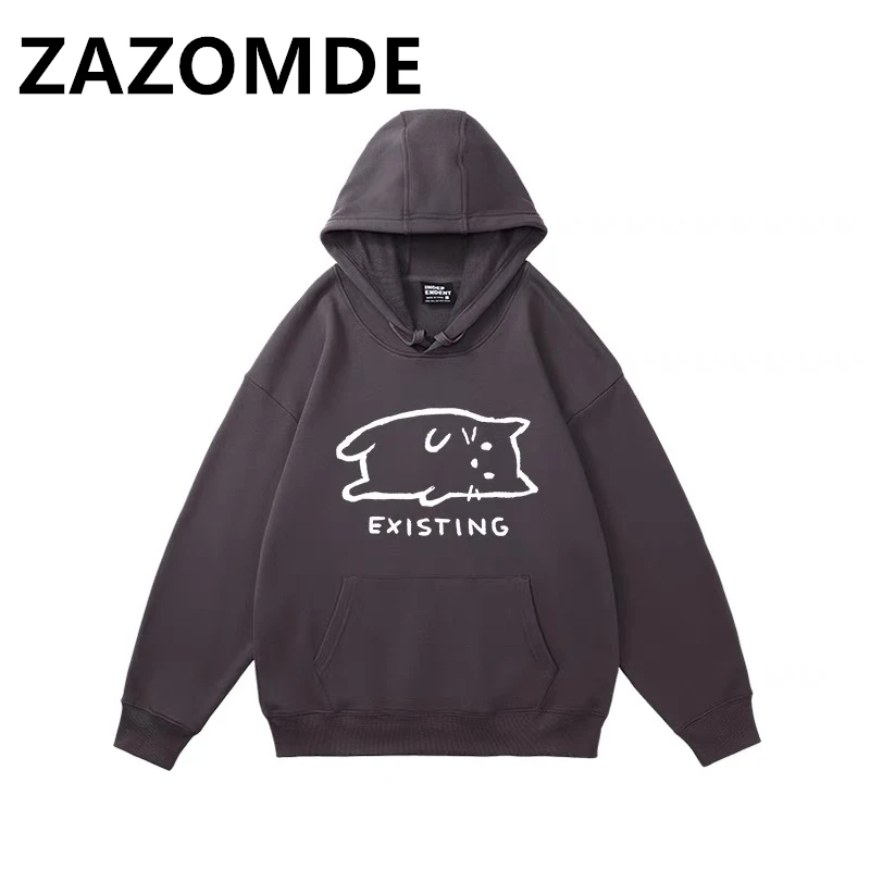 ZAZOMDE Winter Cotton Sleep Cat Hoodies Japan Anime Funny Cute Thick Hip Hop Hoody High Quality Sweatshirt Pullover Hooded Men