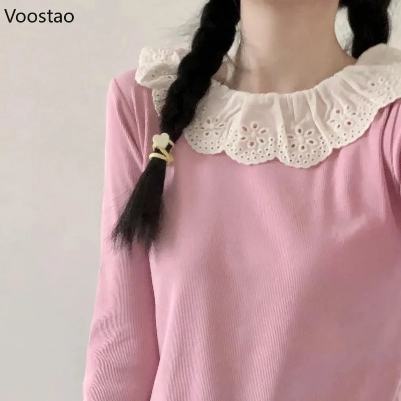 Japanese Sweet Lolita Style T-Shirt Women Casual Y2k Lace Ruffles O-Neck Long Sleeve Tops Female Korean Fashion Clothing Tees