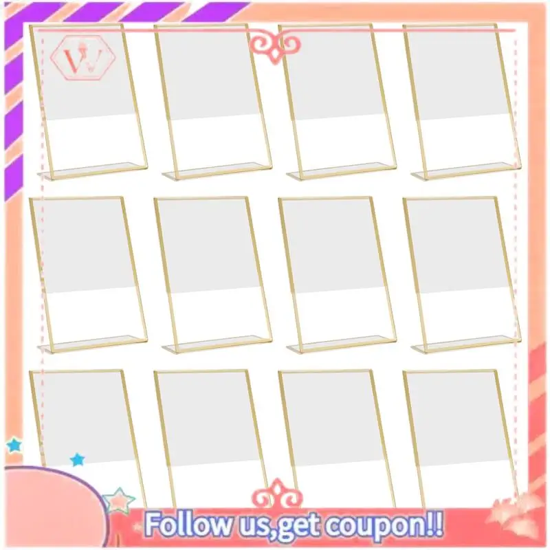 

Upgraded 12PCS Gold Frame Acrylic Sign Holder Slanted Menu Double Sided Stand 4X6inch Vertical