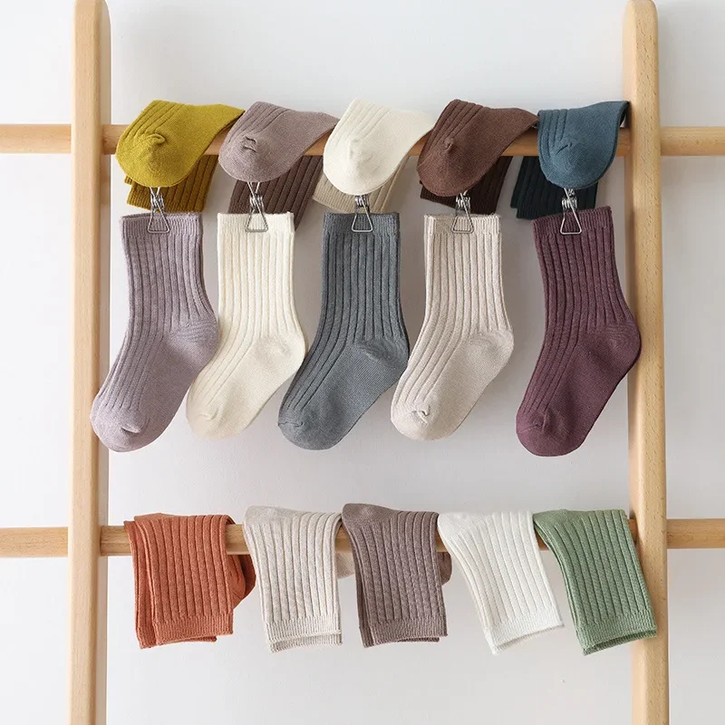 5Pairs Solid Kids Socks Casual Baby Girls Boys Breathable Cotton Stripe Spring Toddler Knitted Children Socks for 1-8Y Winter