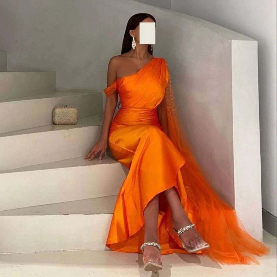 SoDigne Orange Evening Dresses Mermaid One Shoulder Saudi Arabia Formal Dress With Tulle Warp Women Prom Party Gowns 2023