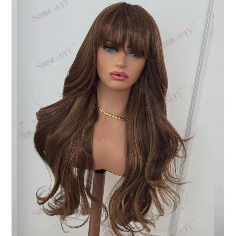 

Волнистые парики из 100% натуральных человеческих волос цвета охры с эффектом небрежности для темнокожих женщин, без клея, с HD-кружевом 5x5, с естественной линией роста волос и челкой, парики с кружевной передней частью 13x6