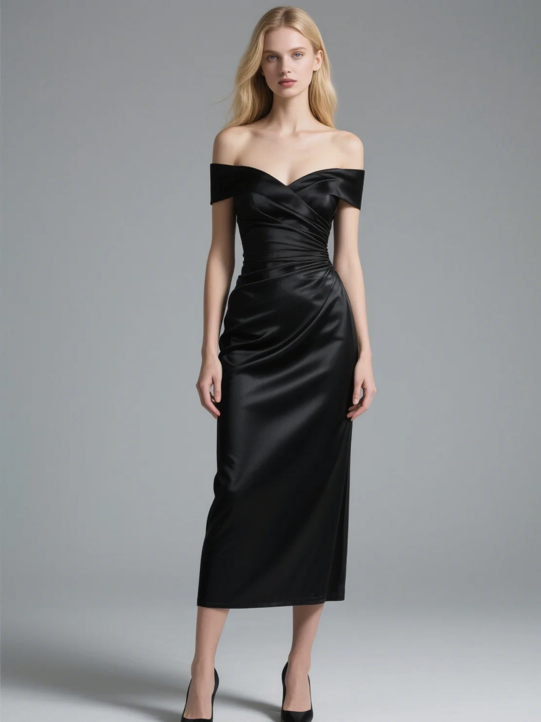 فستان سهرة أنيق غمد بدون أكتاف من الساتان بطول الشاي وكشكشة وأكمام قصيرة فستان زفاف الضيوف 2025 مخصص مجاني