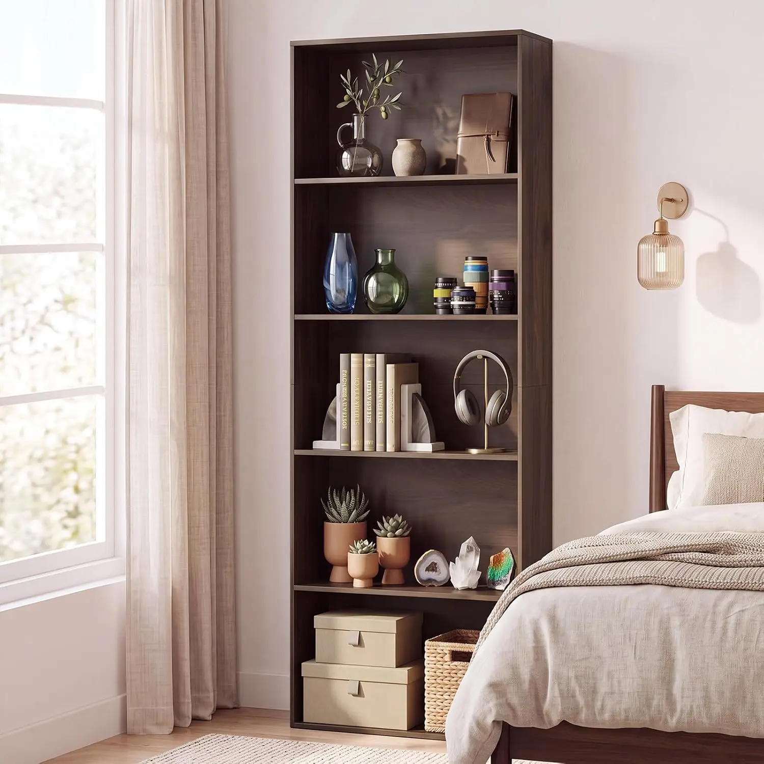 67-inch 5-Tier Freestanding Open Bookshelf Storage Display Shelf Home Office Dark Walnut, Customized