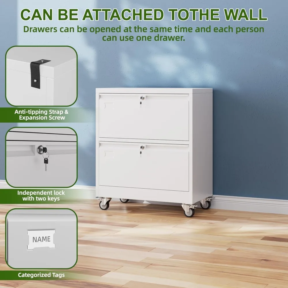 Lockable Metal Lateral File Cabinet with Wheels for Home Office - Legal/Letter Size, White, Storage Solution