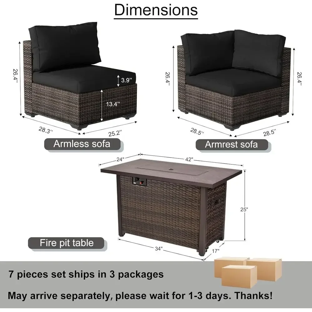 7-Piece Outdoor Patio Furniture Set with 42 Fire Pit, Wicker Sectional Sofa with Cushions, Black