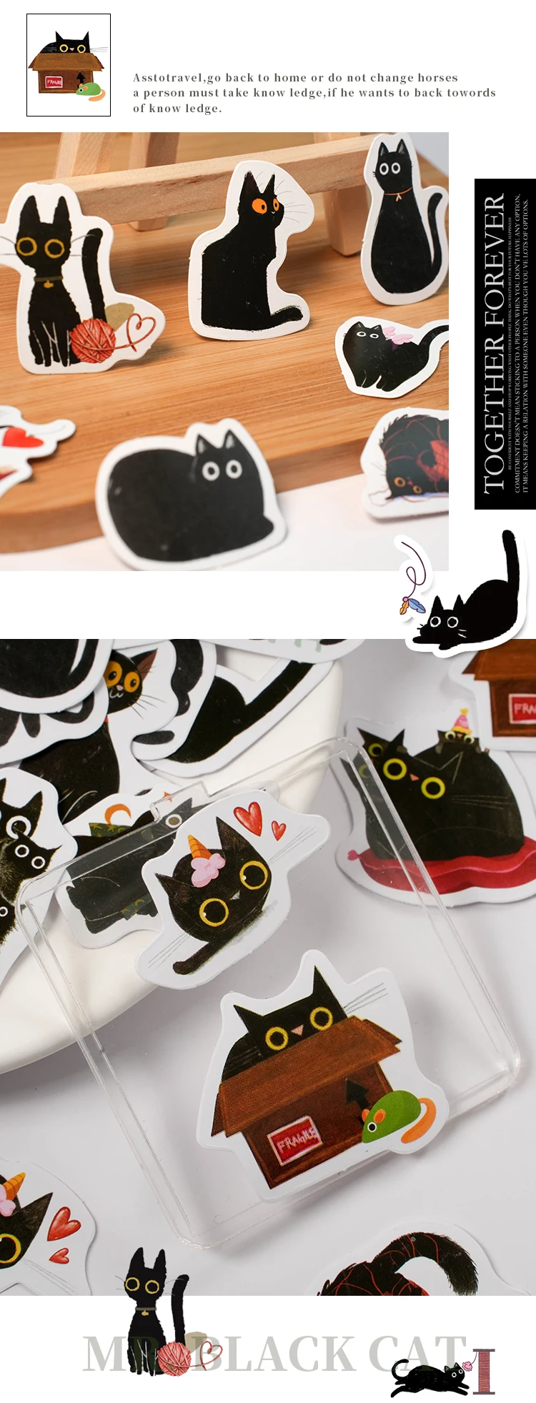 45Pcs/Box Black Cat Theme Stickers Decoration Kawaii Cute Cats Stickers Self-adhesive Scrapbooking Stickers For Laptop Planners