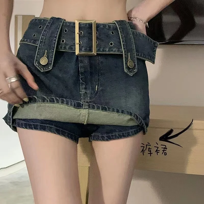 

Y2K Vintage Women Korean Button Belted Short Denim Mini Skirts Aesthetic Fairy Grunge High Waiste Jeans A-line Skirt Alt Clothes